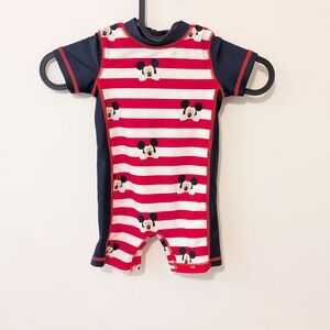 Disney Mickey Mouse Red and Navy Striped One Piece Infant Rash Guard Size 3-6 M